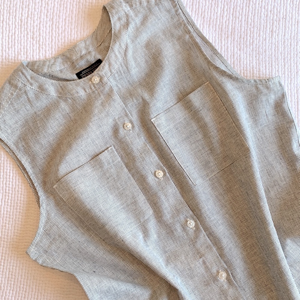 Pendleton Linen Blue White Striped Button Up Blouse
